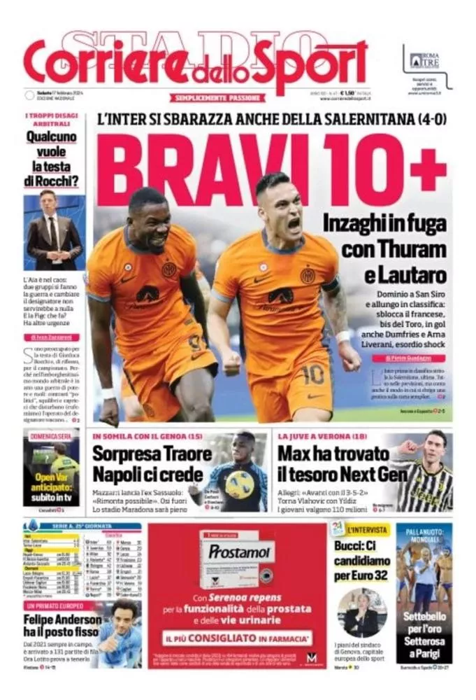 Inter vola a +10 sulla Juventus, Napoli ci crede: Sorpresa Traoré 20240217 002753